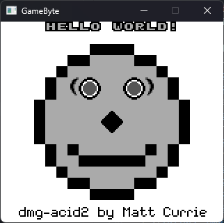 The GameByte emulator window. Inside the window, the dmg-acid2 test ROM is rendering correctly, with a proper pixelated and rounded smiling face with full eye whites, a nose, and a mouth.