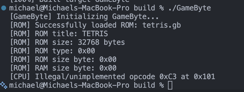 The GameByte emulator running in a terminal window. At the bottom it says "[CPU] Illegal/unimplemented opcode 0xC3 at 0x101