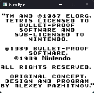 The GameByte emulator window. The graphics are finally properly rendering, showing Tetris's full copyright screen.