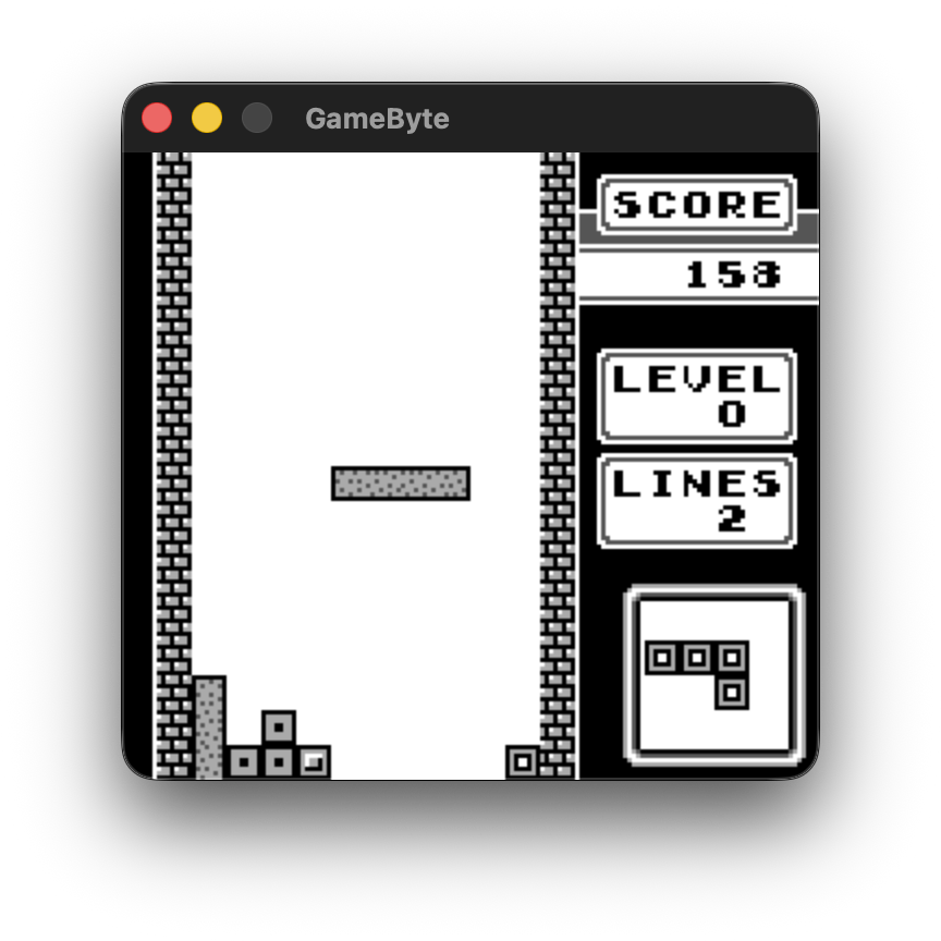 The GameByte emulator window. Inside the window, Tetris for Game Boy is fully playing, showing the proper Tetris layout, the score, level and lines cleared.